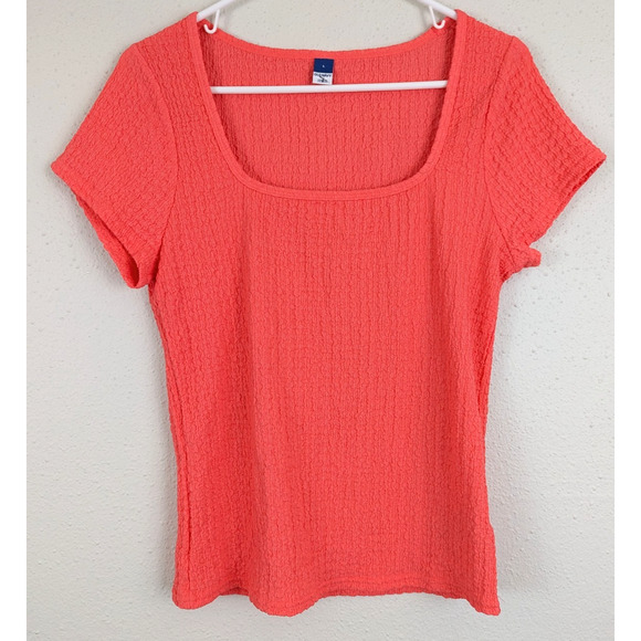 New Old Navy sz L Stretchy Top crinkle fabric ss salmon pink women 3786 - Picture 1 of 6